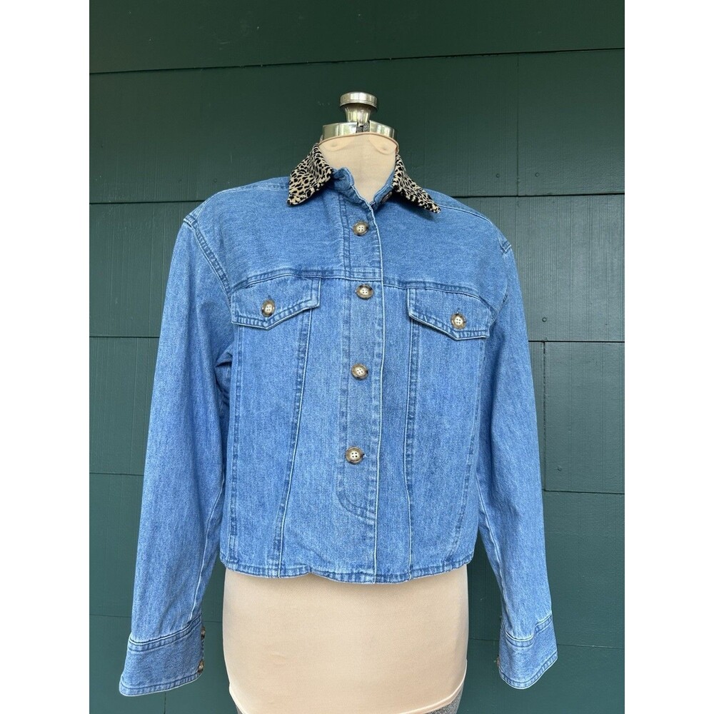 Vintage 80s NINE Denim Jacket Leopard Collar Small Cropped Boxy Fit USA Made